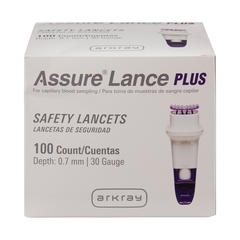 Arkray Safety Lancet Assure&reg; Lance Plus Fixed Depth Lancet Needle 0.7 mm Depth 30 Gauge Push Button, 100/BX