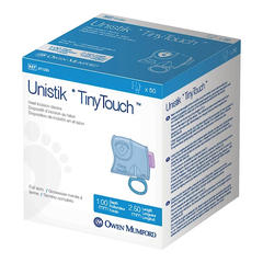 Owen Mumford Pediatric Lancet Unistik Tiny Touch 2.5 mm Blade Retractable Push Button Activation Heel