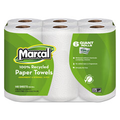 Marcal 100% Premium Recycled Kitchen Roll Towels, 2-Ply, 11 x 5.5, White, 140/Roll, 6 Rolls/Pack