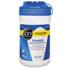 Sani Professional Sani-Hands&reg; Instant Sanitizing Hand Wipes, 6 x 5, White, 150/Canister, 12/CT