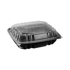 Pactiv EarthChoice Vented Dual Color Microwavable Hinged Lid Container, 3-Compartment 34oz, 10.5x9.5x3, Black/Clear, Plastic, 132/CT