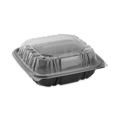 Pactiv EarthChoice Vented Dual Color Microwavable Hinged Lid Container, 1-Compartment, 28oz, 7.5x7.5x3, Black/Clear, Plastic, 150/CT