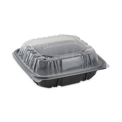 Pactiv EarthChoice Vented Dual Color Microwavable Hinged Lid Container, 1-Compartment, 38oz, 8.5x8.5x3, Black/Clear, Plastic, 150/CT