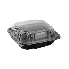 Pactiv EarthChoice Vented Dual Color Microwavable Hinged Lid Container, 3-Compartment, 21oz, 8.5x8.5x3, Black/Clear, Plastic, 150/CT