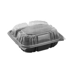 Pactiv EarthChoice Vented Dual Color Microwavable Hinged Lid Container, 33oz, 8.5x8.5x3, 3-Compartment, Black/Clear, Plastic, 150/CT