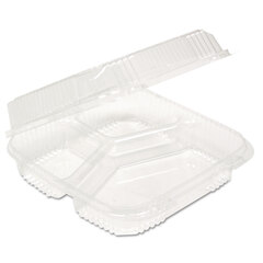Pactiv ClearView SmartLock Hinged Lid Container, 3-Compartment, 5 oz/14 oz, 8.2 x 8.34 x 2,91, Clear, Plastic, 200/Carton