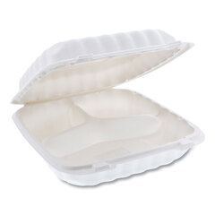 Pactiv EarthChoice SmartLock Microwavable MFPP Hinged Lid Container, 3-Compartment, 9 x 9 x 3.1, White, Plastic, 120/Carton