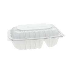 Pactiv EarthChoice Vented Microwavable MFPP Hinged Lid Container, 2-Compartment, 9 x 6 x 3.1, White, Plastic, 170/Carton