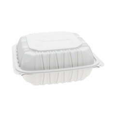 Pactiv EarthChoice Vented Microwavable MFPP Hinged Lid Container, 8.5 x 8.5 x 3.1, White, Plastic, 146/Carton