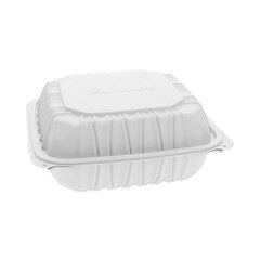 Pactiv EarthChoice Vented Microwavable MFPP Hinged Lid Container, 3-Compartment, 8.5 x 8.5 x 3.1, White, Plastic, 146/Carton