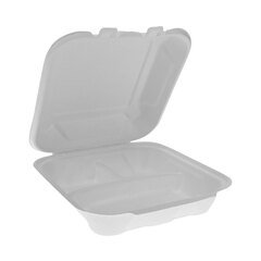 Pactiv EarthChoice Bagasse Hinged Lid Container, 3-Compartment, Dual Tab Lock, 7.8 x 7.8 x 2.8, Natural, Sugarcane, 150/Carton