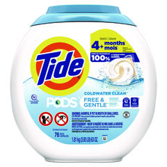 Procter & Gamble PODS Laundry Detergent, Free and Gentle, 63 oz Tub, 76 Pacs/Tub, 4 Tubs/Carton