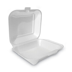 PLASTIFAR SA Foam Hinged Lid Container, Secure One Tab Latch, Poly Bag, 7.81 x 8.75 x 3.38, White, 100/Sleeve, 2 Sleeves/Bag, 1 Bag/Pack
