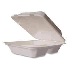VEGWARE Nourish Molded Fiber Takeout Containers, Compostable, 3-Compartment, 7.9 x 7.9 x 2.9, White, Sugarcane, 200/Carton