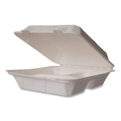 VEGWARE Nourish Molded Fiber Takeout Containers, Compostable, 3-Compartment, 5 x 9 x 2, White, Sugarcane, 200/Carton