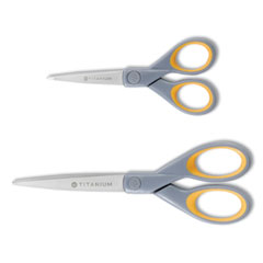 Westcott Titanium Bonded Scissors, 8 Long, 3.5 Cut Length, Gray/Yellow Straight Handle, 3/Box