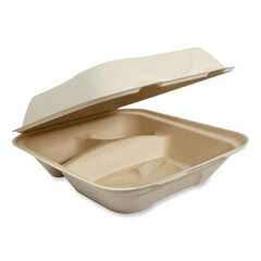 World Centric Fiber Hinged Containers, 3-Compartment, 8.8 x 8.2 x 2.9, Natural, Paper, 300/Carton